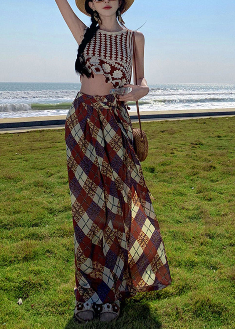 Brown Print Side Open Chiffon Wide Leg Pants Summer