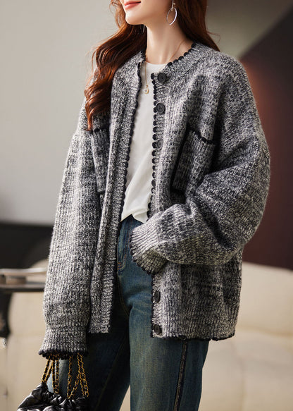 Grey O-neck Patchwork Button Cotton Knit Cardigans Fall