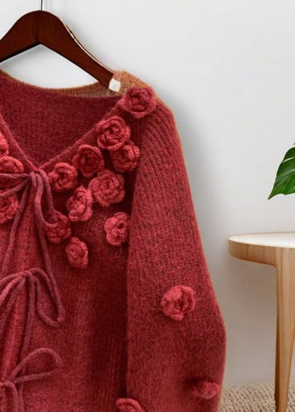Red V Neck Lace Up Knit Cardigan Spring
