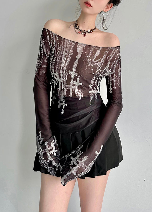 Black Slash Neck Print Tulle Top Fall