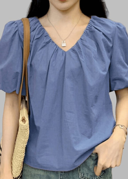 New Pink V Neck Cotton Shirts Short Sleeve
