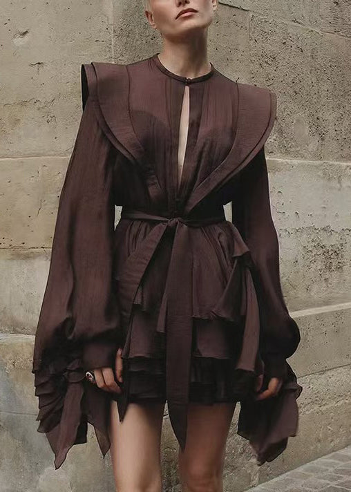 Chocolate Lace Up Cotton Shirt Dress Fall