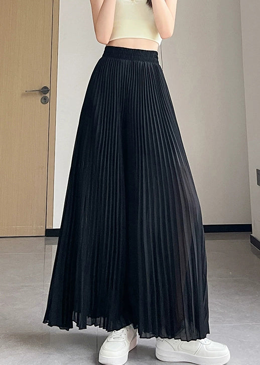 Black Chiffon Summer Wide Leg Pants Elastic Waist