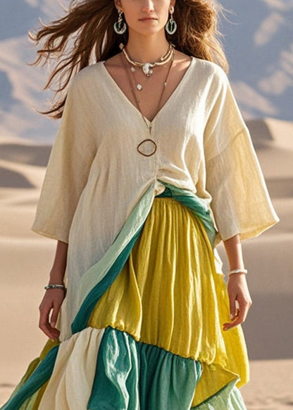 Khaki Asymmetrical Patchwork Cotton Maxi Dresses Bracelet Sleeve