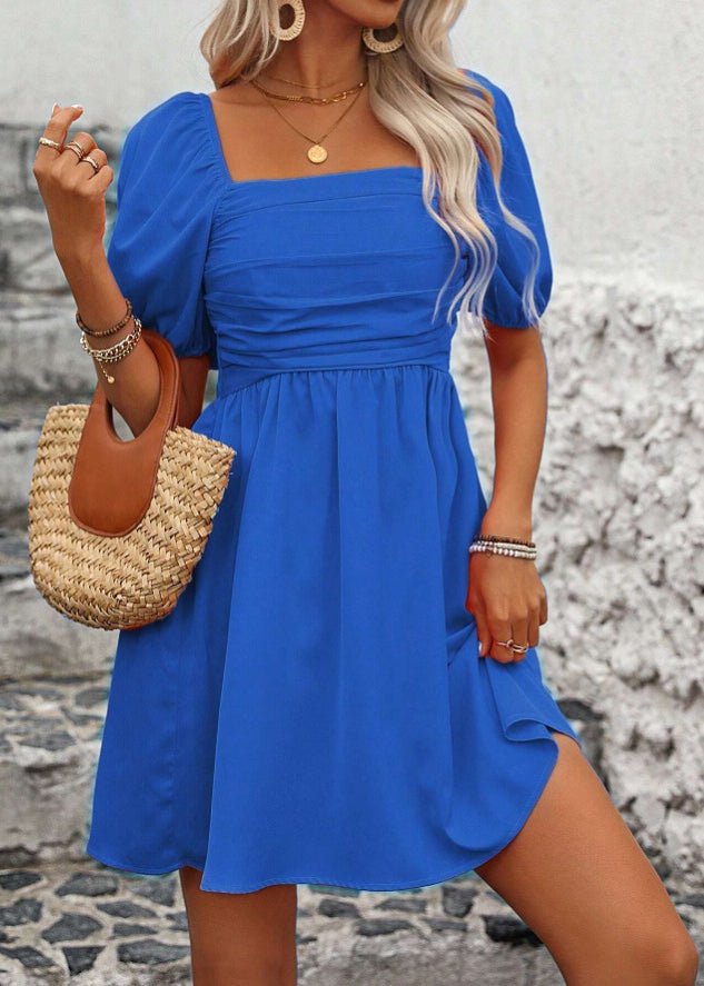 New Pink Square Collar Puff Sleeve Patchwork Cotton Mid Dress