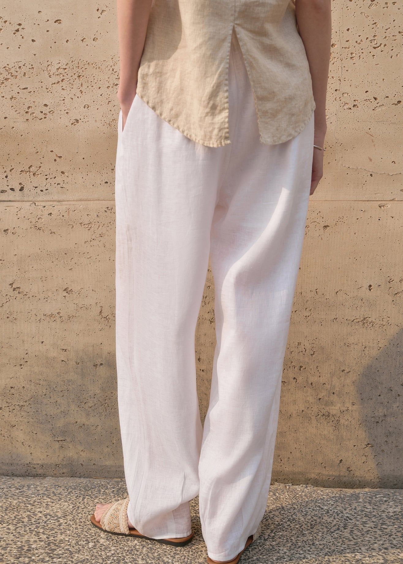 Simple Style White Pockets Elastic Waist Linen Pants Summer