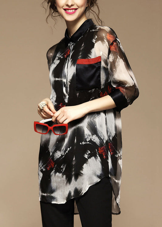 Stylish Peter Pan Collar Print Pockets Blouse Bracelet Sleeve
