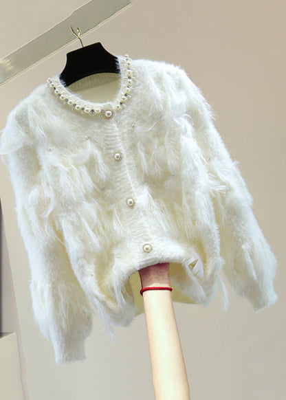 Handmade Blue Nail Bead Patchwork Tassel Cotton Knit Sweaters Winter