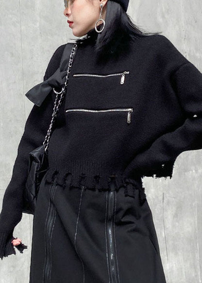 Black Zippered Tasseled Fall Sweater