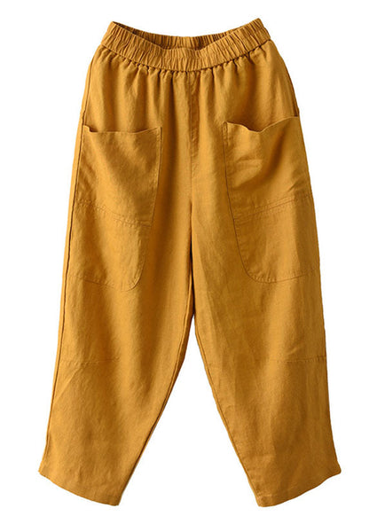 Yellow Elastic Waist Pockets Linen Harem Pants Spring