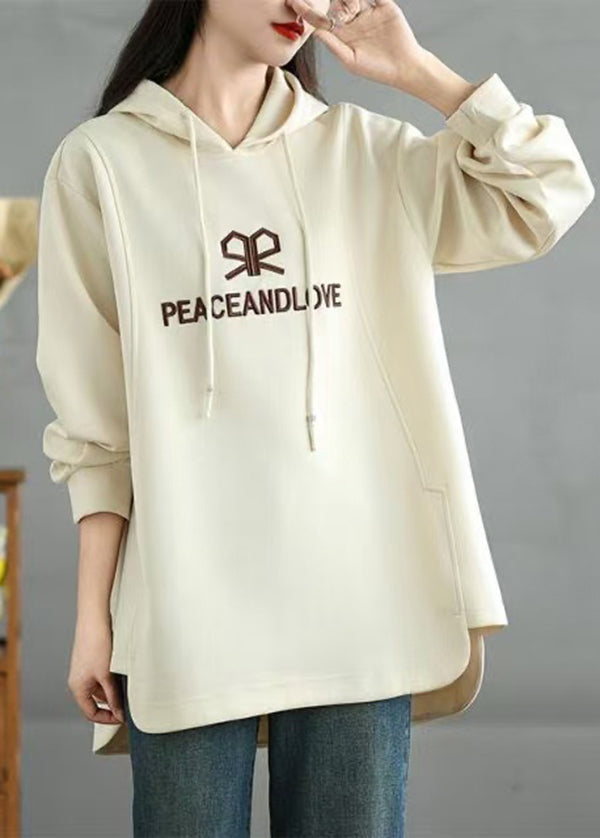 Beige Embroidered Graphic Cotton Sweatshirts Top Spring