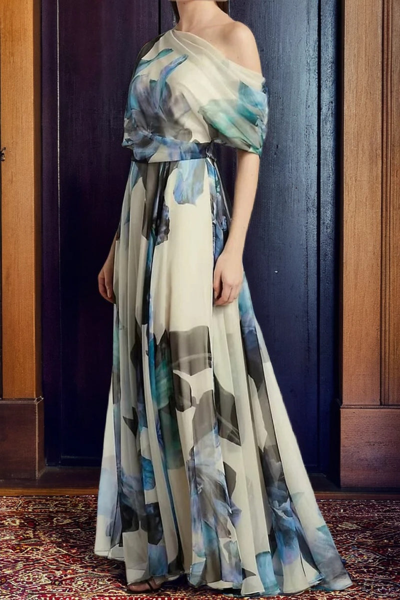 French Sky Blue Asymmetrical Print Chiffon Long Dresses Summer