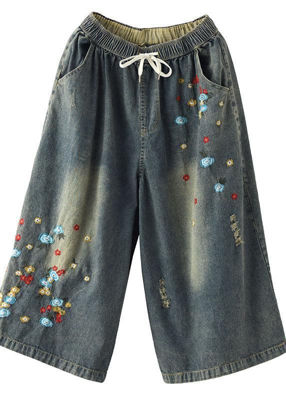 Comfy Dark Color Embroidered Hole Wide Leg Denim Pants