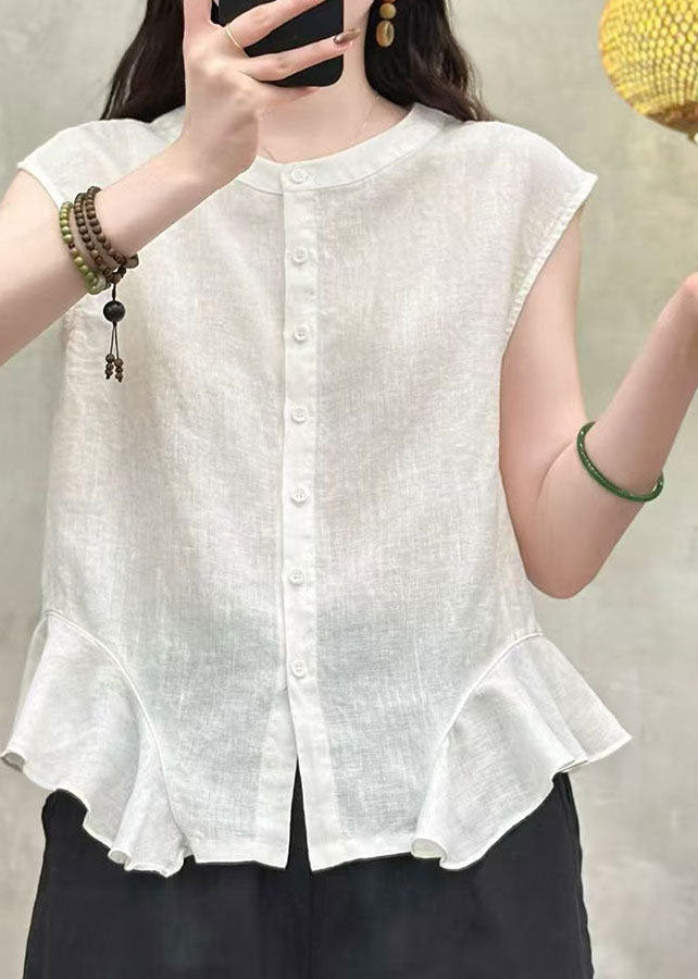 Handmade Green Ruffled Button Patchwork Linen Top Sleeveless