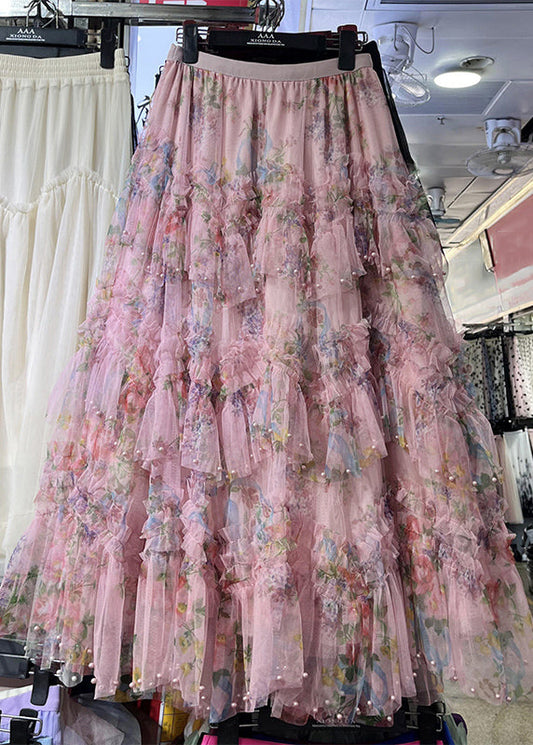 Pink Asymmetrical Print Nail Bead Tulle a Line Skirt Spring