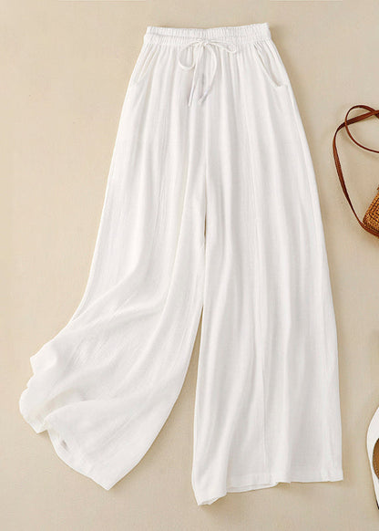 New Orange Pockets Elastic Waist Linen Wide Leg Pants Summer