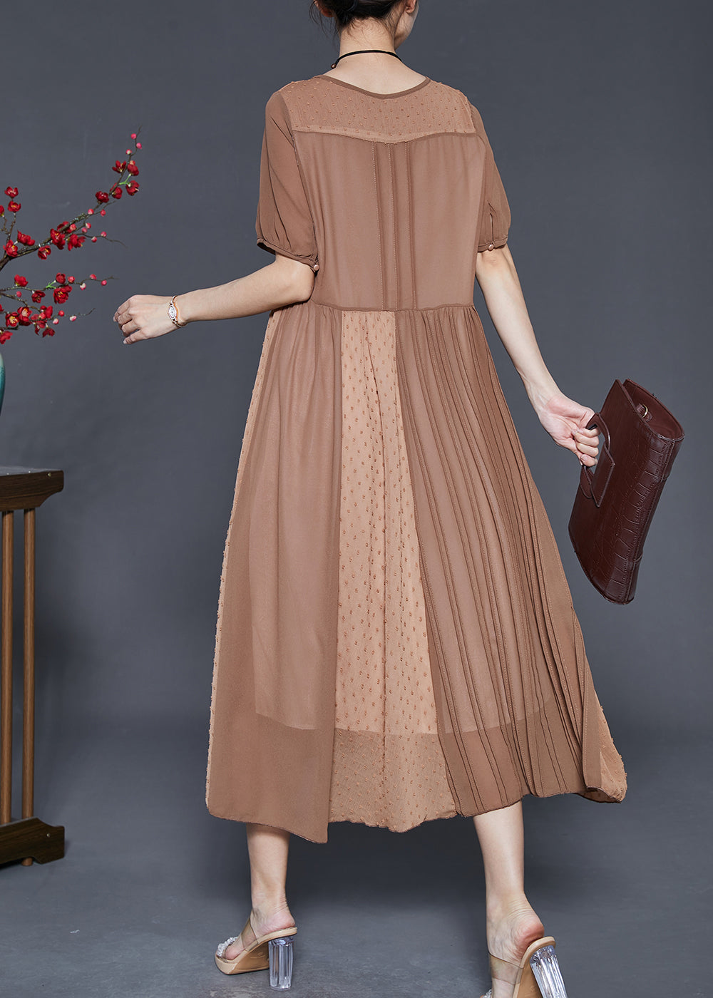 Khaki Patchwork Cotton Silk Pleated Dress Summer