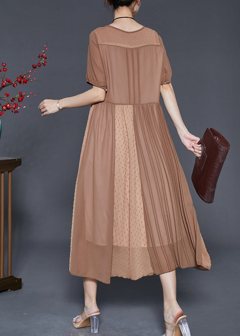 Khaki Patchwork Cotton Silk Pleated Dress Summer