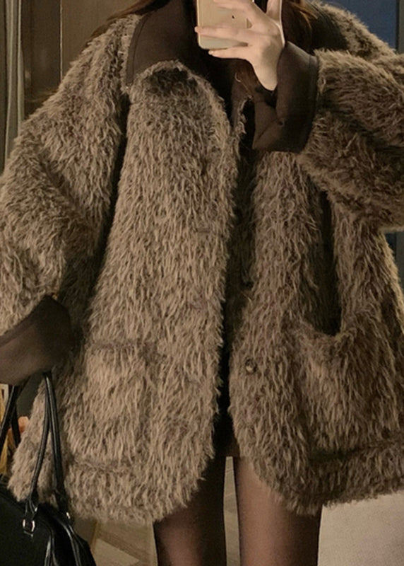 Coffee Peter Pan Collar Button Wear on Both Sides Thick Leather and Fur Coats Winter