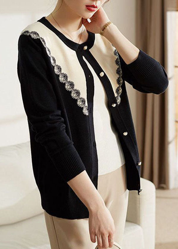 French Black O-neck Patchwork Button Knit Coats Long Sleeve