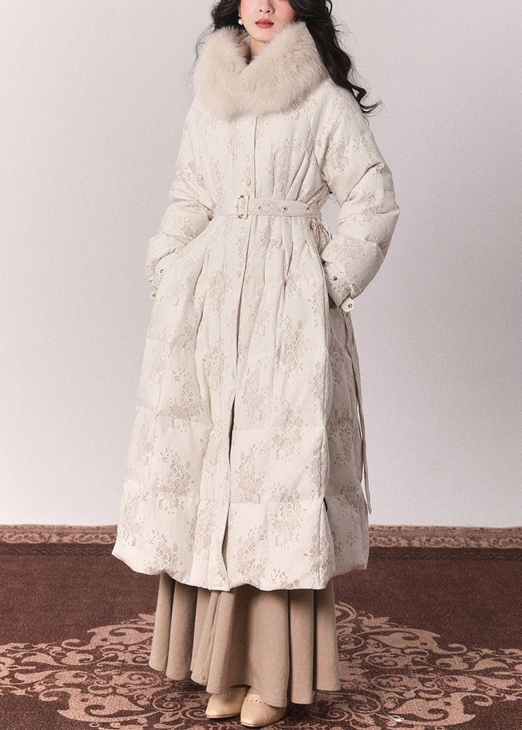 Beige Fur Collar Print Button Tunic Maxi Down Jackets Winter