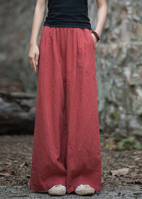 Navy Pockets Elastic Waist Linen Wide Leg Pants Summer