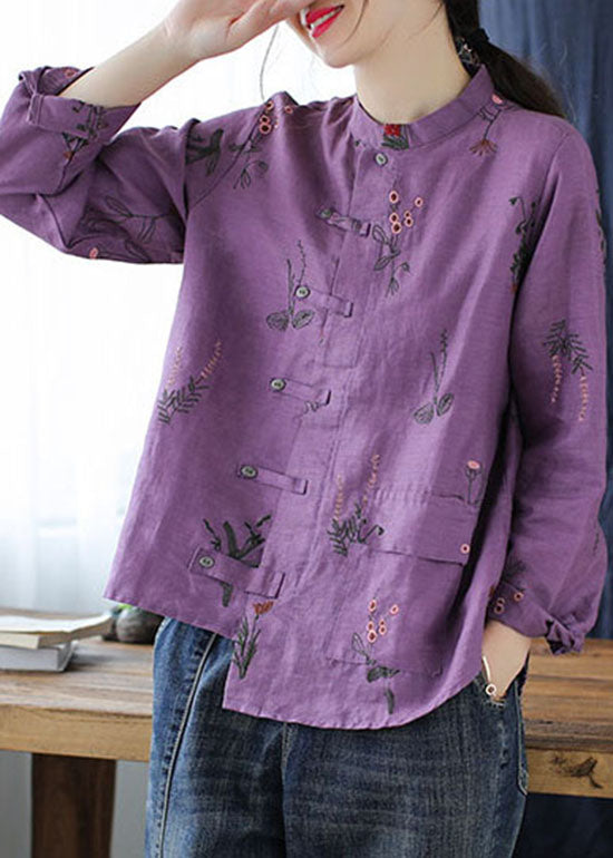 Purple Linen Shirts Top Stand Collar Embroidered Long Sleeve