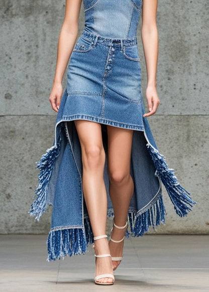 Blue Asymmetrical Tasseled Denim Skirts Fall