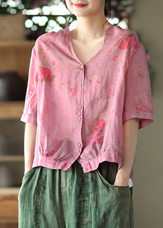 Italian Gray Texture V Neck Print Button Linen Top Half Sleeve