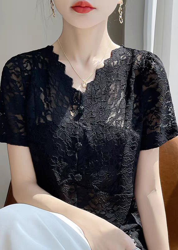 Black Hollow Out Lace Summer Shirt V Neck