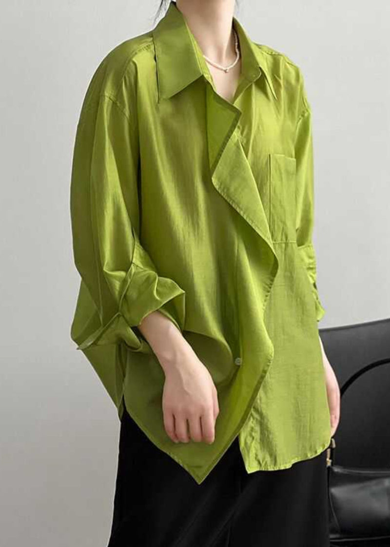 Modern Green Peter Pan Collar Patchwork Button Shirts Fall