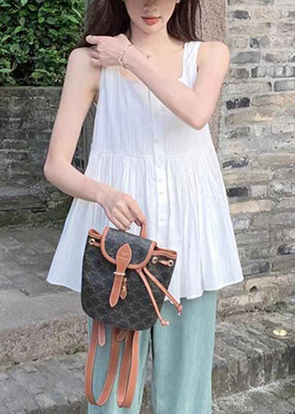 White Square Collar Wrinkled Cotton Shirt Sleeveless
