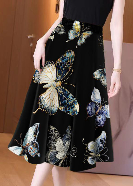 Black Small Butterfly High Waist Maxi Skirts Spring