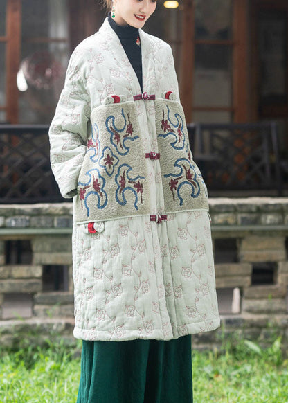 Fitted Light Green Embroidered Patchwork Fine Cotton Filled Puffers Jackets Winter