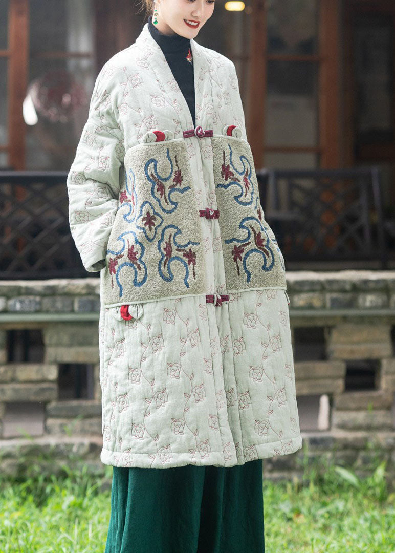 Fitted Light Green Embroidered Patchwork Fine Cotton Filled Puffers Jackets Winter