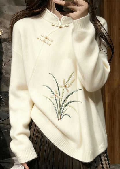 White Stand Collar Button Orchid Knit Sweaters Winter