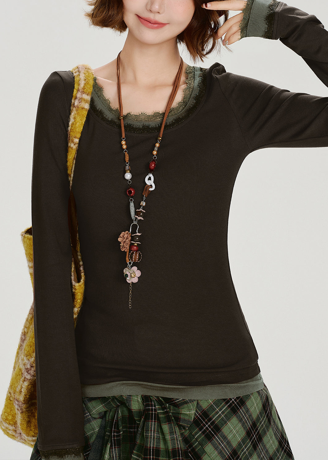 Style Brown O-neck Patchwork Cotton Fake Two Piece Tops Spring