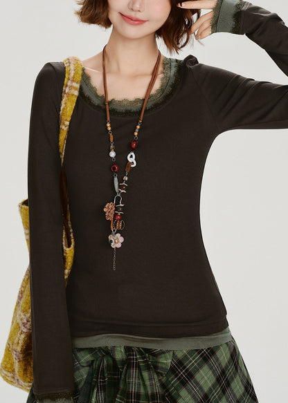 Style Brown O-neck Patchwork Cotton Fake Two Piece Tops Spring