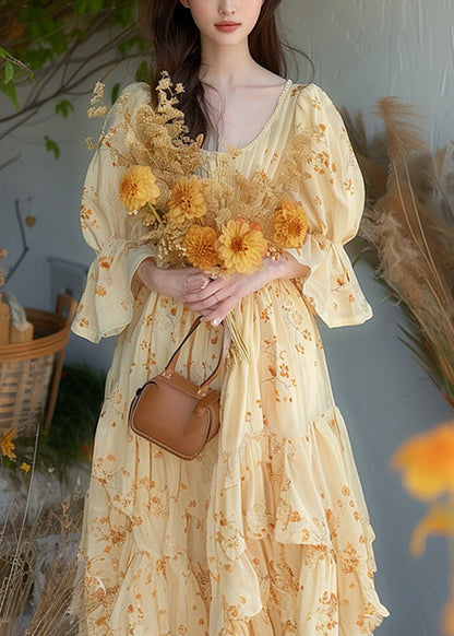 Yellow Ruffled Print Chiffon Dress Flare Sleeve