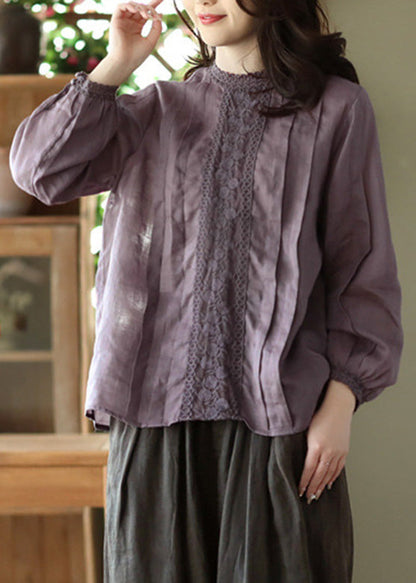 Purple Lace Patchwork Ramie Shirt Long Sleeve
