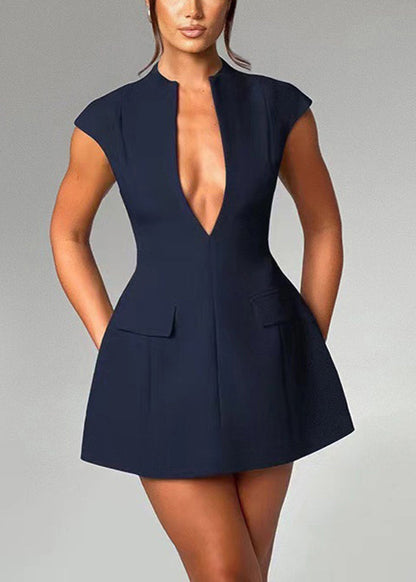 Style Black V Neck Cotton Mini Dresses Summer