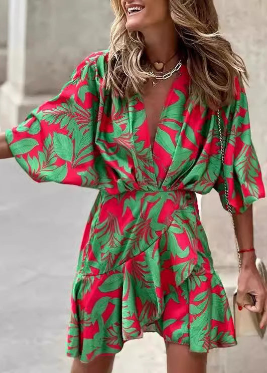 New Orange V Neck Print Asymmetrical Design Cotton Mid Dress Batwing Sleeve