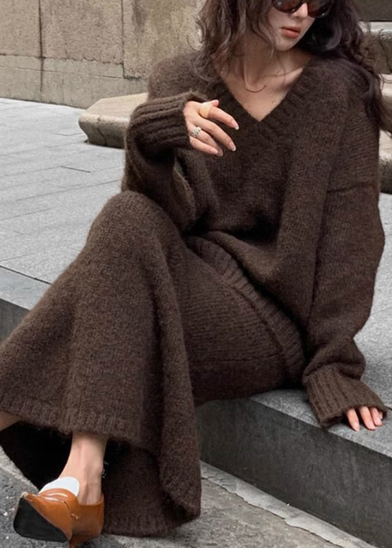 Brown Cozy Cotton Knit Sweaters and Maxi Skirts Two Pieces Set Winter