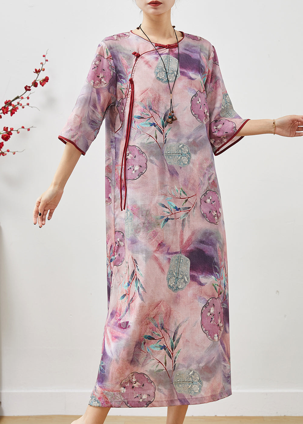 Purple Tasseled Print Cotton Cheongsam Dresses Summer