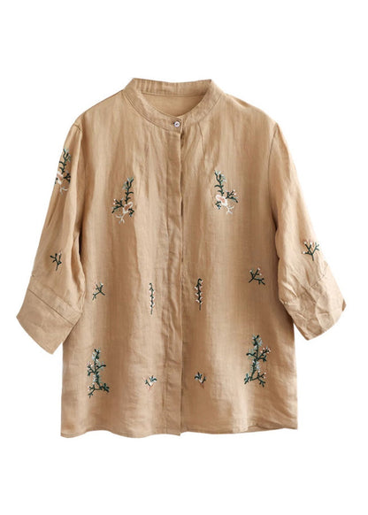Art Khaki Embroidered Button Ramie Shirt Half Sleeve