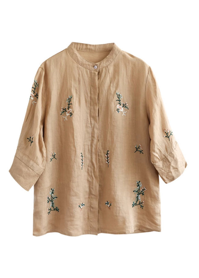 Art Khaki Embroidered Button Ramie Shirt Half Sleeve