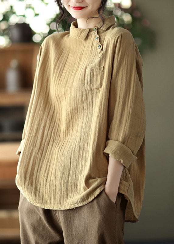 Handmade Khaki Peter Pan Collar Asymmetrical Design Cotton Shirts Long Sleeve