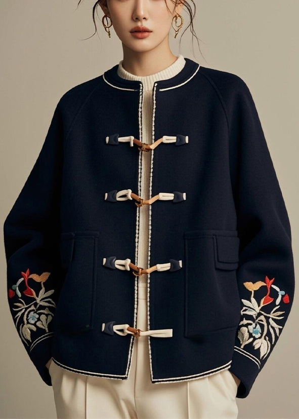 Navy O-neck Button Print Cotton Coat Fall