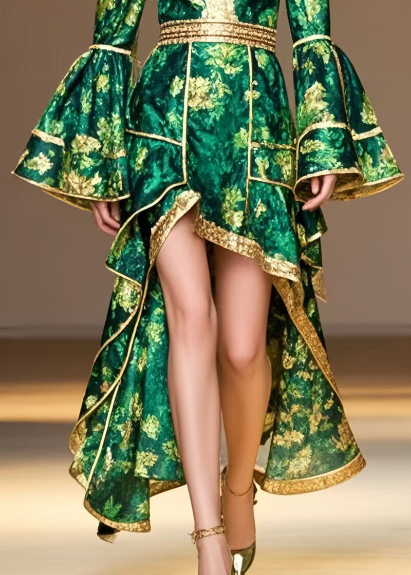 Style Tea Green Print Low High Design Spandex Party Dress Flare Sleeve