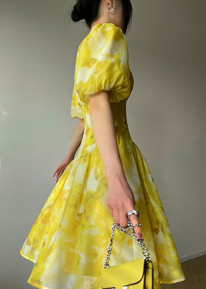 Yellow O Neck Print High Waist Dress Summer
